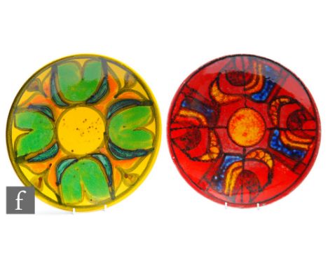 Poole Pottery - A shape 4 Delphis shallow dish, decorated with an abstract green flower repeat pattern over a yellow ground, 