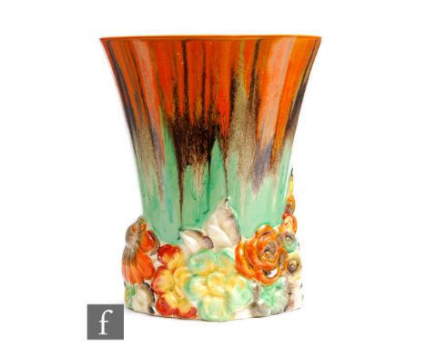 Clarice Cliff - My Garden (Flame) - A shape 675 vase circa 1936, the base relief moulded with flowers and foliage picked out 