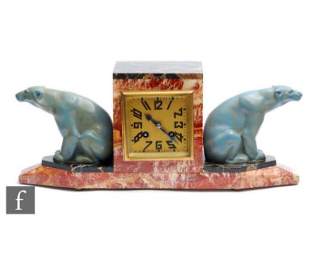 Unknown - A French Art Deco mantle clock, with square dial and Arabic numbers set to the twin tone variegated marble body&nbs