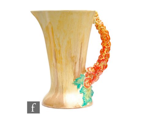 Clarice Cliff - My Garden - A large shape 672 flower jug circa 1934, of footed flared form with a relief moulded handle in th