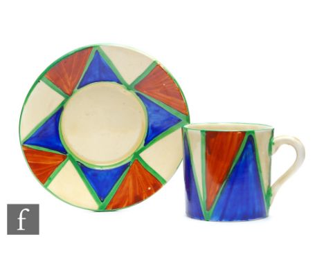 Clarice Cliff - Original Bizarre - A Tankard shape coffee can and saucer circa 1928, hand painted with interlocking triangles