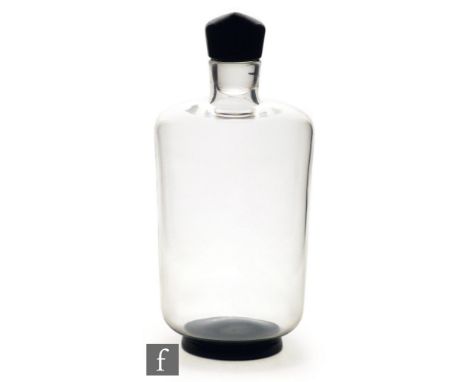 Simon Gate - Orrefors - An Art Deco glass decanter, circa 1934, of cylindrical form with short collar neck, with applied blac