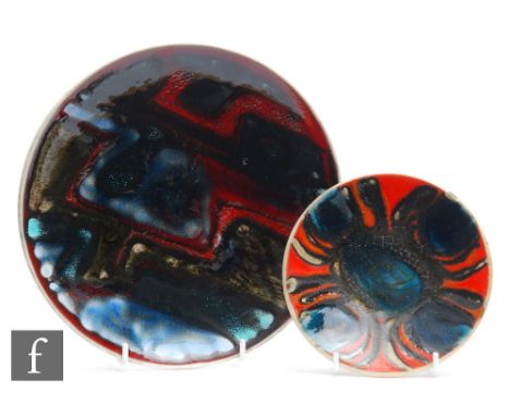 Poole Pottery - A shape 3 shallow dish, of circular form, decorated with a block pattern in deep blue tones over a deep red g