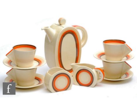 Clarice Cliff - Banded - A Bon Jour shape part coffee set circa 1934, comprising coffee pot, milk, sugar, fours cups and sauc
