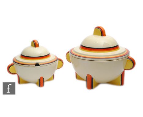 Clarice Cliff - Banded - A pair of graduated Odilon shape tureens and covers, both hand painted with black, red, orange and y