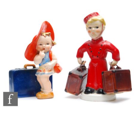 Goebel - A 1940s/1950s novelty cruet set in the Art Deco style formed as a bell boy dressed in red holding two suitcases with