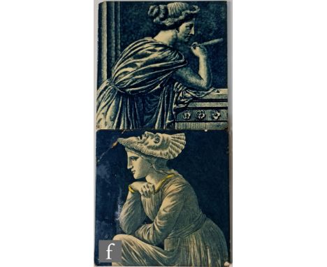Maw &amp; Co - Two 8 inch tiles each decorated in blue with classical figures, the first a lady holding a quill, the second a