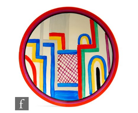 Clarice Cliff - Tennis - A dish form wall plaque circa 1930, hand painted in an abstract block and line design with a panel o