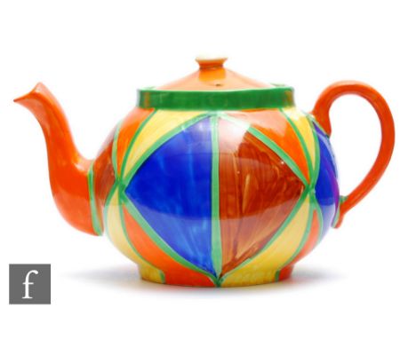 Clarice Cliff - Original Bizarre - A Globe shape teapot and cover circa 1928, fully hand painted with triangles in orange, ye