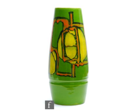 Carol Cutler - Poole Pottery - A shape 85 Delphis vase with an upper band of yellow and orange abstract pattern against a gre