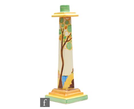 Clarice Cliff - Secrets - A tall candlestick circa 1932, the stepped square base rising to a tapered square column with stepp
