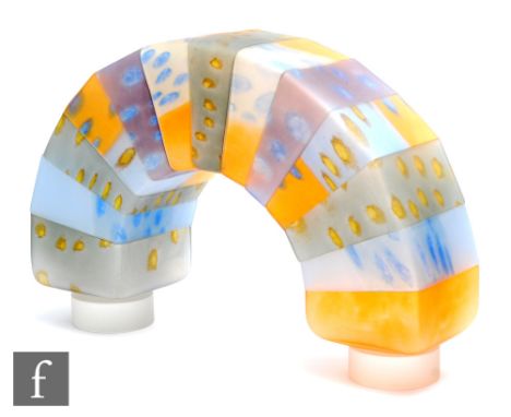 Pauline Solven - A contemporary Emerging Sunset Arch, circa 2000, a fused satin glass arch comprising panels in blue, orange 