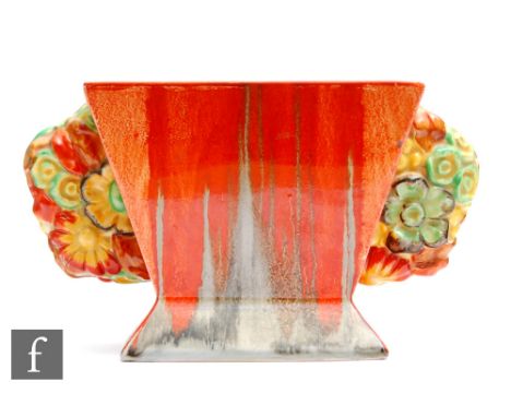 Clarice Cliff - My Garden (Flame) - A shape 670 flower vase circa 1936, of footed flared square section with relief moulded f