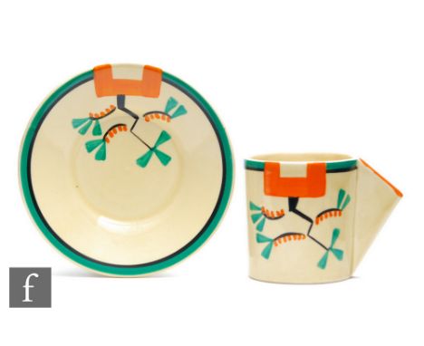 Clarice Cliff - Ravel - A Conical coffee can and saucer circa 1930, hand painted with an abstract motif to the border in blac