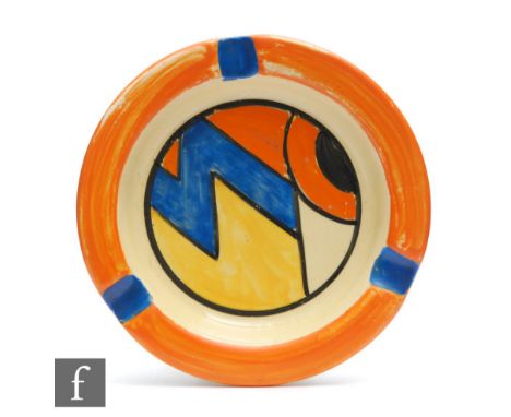 Clarice Cliff - Blue W - A circular ashtray circa 1930, hand painted with an abstract Blue W design within blue and orange ba