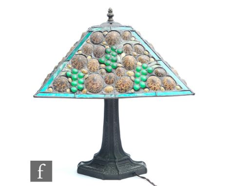 Attributed to Richard Hoosin, American - A leaded green glass and seashell inset table lamp shade, engraved Hoosin, OPO181, h