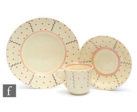 Clarice Cliff - Wave Line - A Windsor shape coffee cup, saucer and side plate circa 1936, hand painted with black wave lines 