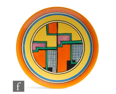 Clarice Cliff - Football - A dish form plate circa 1929, hand painted with an over lapping block and line design with two pan