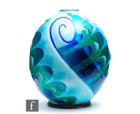 Camille Fauré - Limoges - An Art Deco enamelled metal vase circa 1925, decorated with an all over swirled stylised panel moti