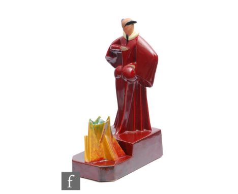 Robj - A 1920s French Art Deco night light modelled as Mephistopheles stood before a fire, impressed marks, height 31cm, rest