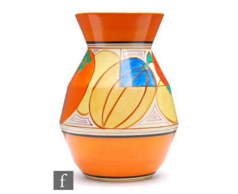 Clarice Cliff - Melon - A shape 360 vase circa 1930, hand painted with a band of abstract fruit between orange, black and bro