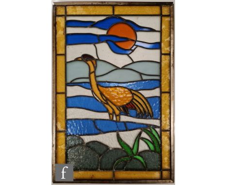 Unknown - An Art Deco stained glass panel depicting a stylised bird in the middle of a sea landscape, with an amber glass boa