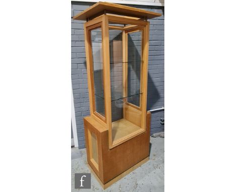 Kevin Niblett - A "Celadon" display cabinet, oak panel construction and with sage green stained borders, 78cm wide by 203cm h