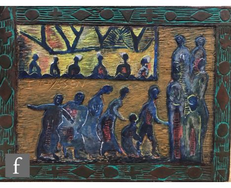 Ismael&nbsp;Thyssen&nbsp;(South African, born 1953) - A group of figures, relief carved and painted panel, signed, unframed, 