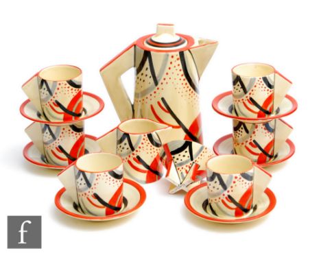 Clarice Cliff - Carpet (Red) - A Conical Coffee service circa 1930, hand painted with an abstract spot and line design in bla