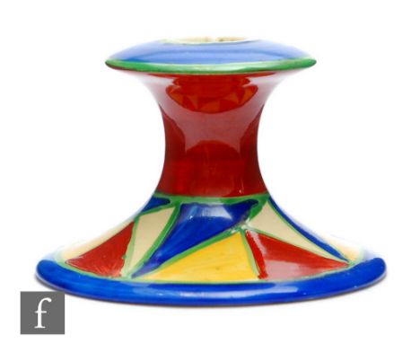 Clarice Cliff - Original Bizarre - A shape 310 candlestick circa 1928, hand painted with interlocking triangles in blue, yell