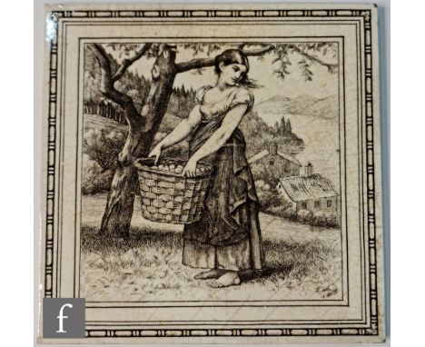 William Wise - Minton - An 8 inch tile sepia decorated with a girl with apples in a basket, from the series Country Pursuits,