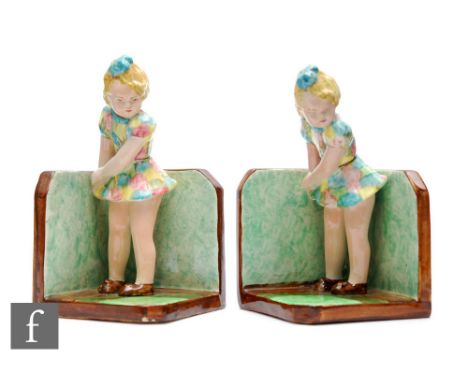 Goldscheider with Myott Son &amp; Co - A pair of 1930s book ends each modelled as a young girl, possibly modelled on Shirley 