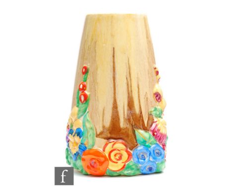 Clarice Cliff - My Garden - A shape 685 vase circa 1934, the base relief moulded with flowers and foliage beneath a tapered c