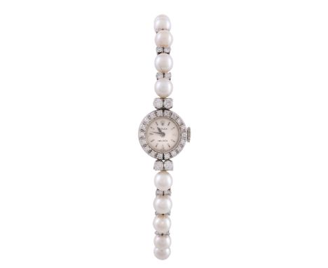  Rolex, Precision, a lady's 18 carat white gold, diamond and cultured pearl bracelet watch,   no. 28, circa 1960, manual wind