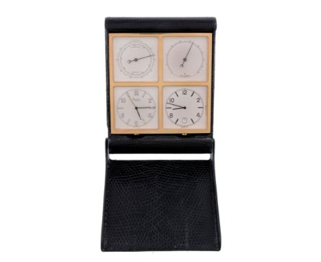  Asprey, a multi function travelling clock,   the functions comprising; a thermometer, a hygro barometer, dual clocks, one wi