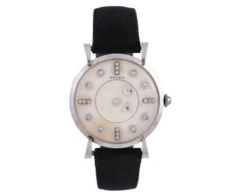  Gruen, Mystery Dial, ref. 422-028, a 14 carat white gold wristwatch,   no. 50759, circa 1950, manual wind movement, 17 jewel