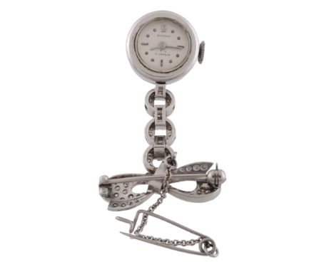  Bucherer, a platinum and diamond bow fob watch,   circa 1950, manual wind movement, 17 jewels, silvered dial, applied dot an