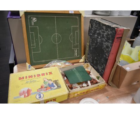 A shelf of mixed vintage Toys including Meccano, Minibrix part sets 1 &amp; 3 and a Super Soccer table football game