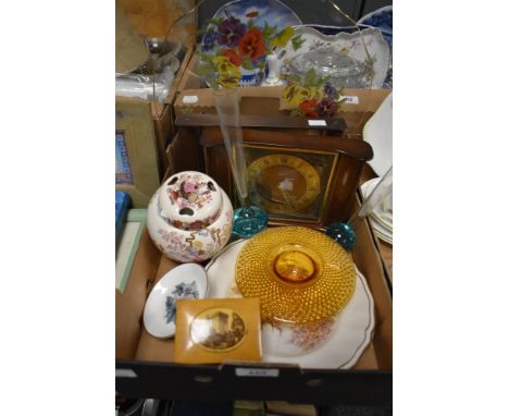 A Metamec 1950's retro mantle clock and similar Tempora clock, two art glass vases, a Mason's 'Brocade' pot puree/ginger jar,