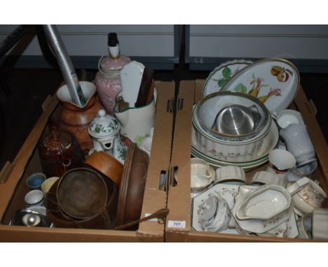 Two cartons of assorted items including a small selection of Johnsons Eternal Beau dinner ware, two Royal Worcester Evesham o
