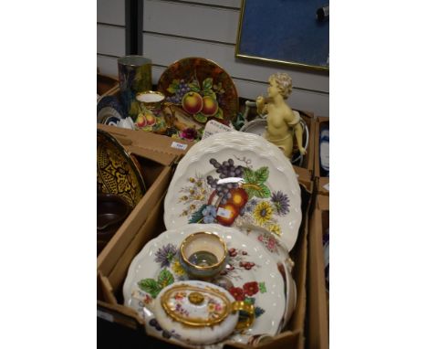 A Corona Ware rainbow lustre vase, a Baroness China fruits plate and matching jug, three posy baskets including Denton China,