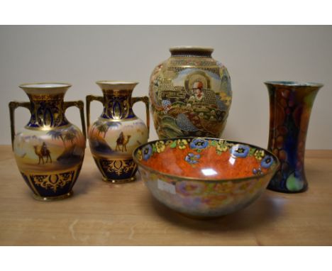 A pair of vintage Noritake Desert vases, a Japanese Satsuma vase, a Burleigh Ware lustre vase and a Regal Ware orange lustre 