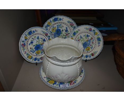 Five Mason's Regency plates and a vintage Beleek plantr.