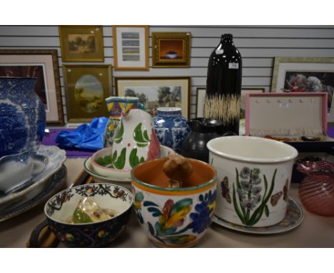 A large Portmeirion Botanic Garden planter, a Royal Worcester Dickens display plate, an Oriental style blue and white vase, a