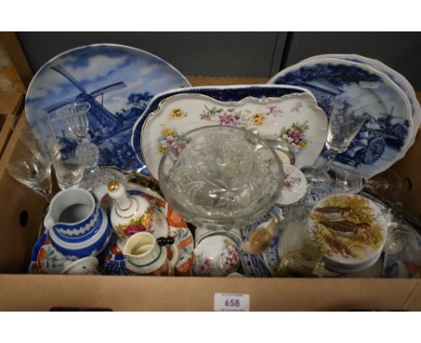 A selection of blue and white plates including four Delft display plates, two vintage Oriental style plates, a Patum Peperium