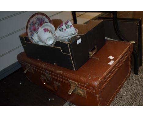 A vintage cardboard suitcase, a Chinese part tea service having gilt edging and rose decoration and a vintage cash box etc.