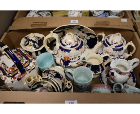 A set of four Adams Liberty &amp; Co mugs, a large square Mason's 'Mandalay' tea pot and a selection of Welsh Gaudy tableware