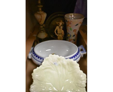 A Carlton ware lettuce leaf plate, an Arthutr Wood lustre vase, a marble table lamp and a brass tray etc.