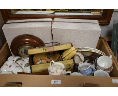 Four Royal Doulton display plates in the series 'Old Country Crafts', a vintage circular beechwood barometer, a Royal Adderle