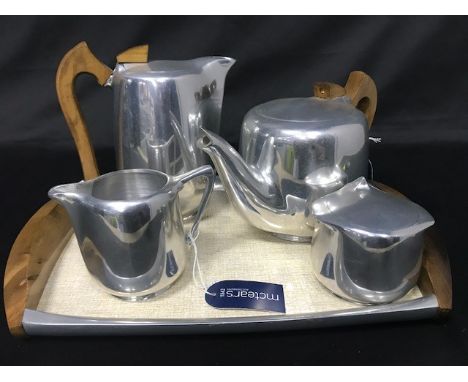 PICQUOT WARE TEA SERVICE, comprising a tea pot, coffee pot, cream, sugar and tray (5)
